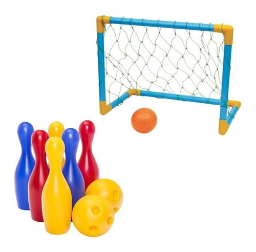 Jogo De Boliche Infantil C/ 2 Bolas 16cm + Trave De Futebol